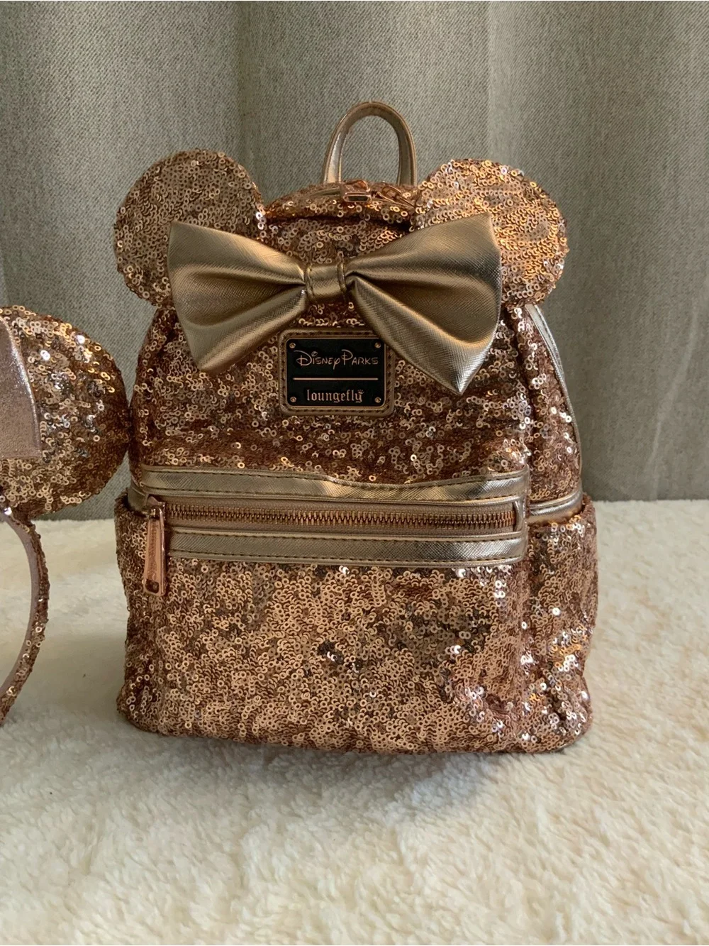 Loungefly Rose Gold Sequin Mini Backpack with Matching Ears